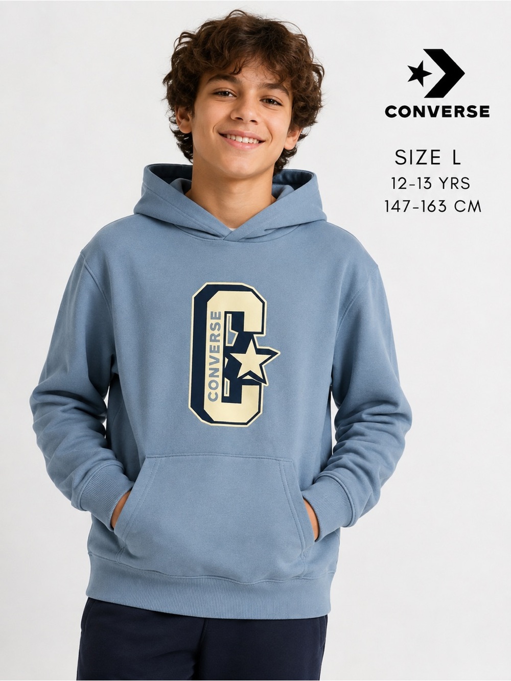 Converse Kids Blue Logo Pullover Hoodie Size L 12-13 Years